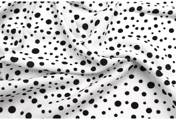 Tissu Viscose Imprimé Fond Blanc Bulles Noires -Au Mètre