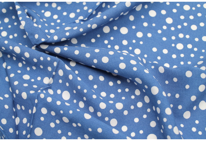 Tissu Viscose Imprimé Fond Indigo Bulles Blanches -Au Mètre