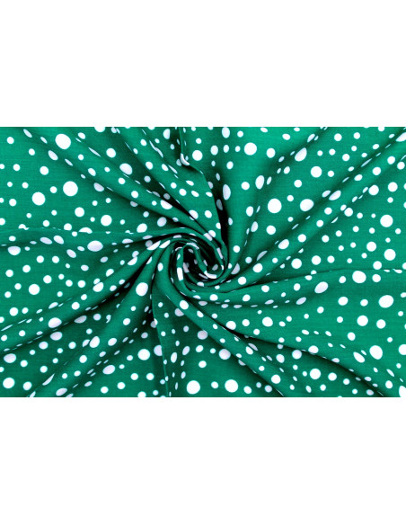 Tissu Viscose Imprimé Fond Vert Bulles Blanches -Au Mètre