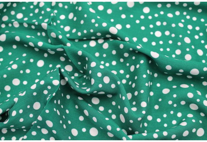 Tissu Viscose Imprimé Fond Vert Bulles Blanches -Au Mètre