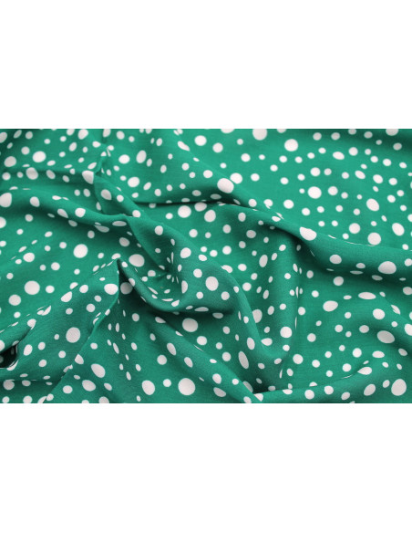Tissu Viscose Imprimé Fond Vert Bulles Blanches -Au Mètre