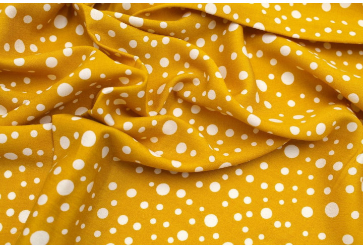 Tissu Viscose Imprimé Fond Safran Bulles Blanches -Au Mètre