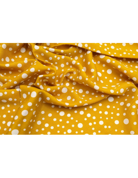 Tissu Viscose Imprimé Fond Safran Bulles Blanches -Au Mètre