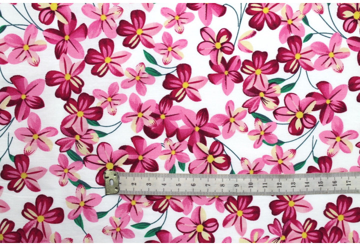 Tissu Popeline Coton Imprimé Fleur Frangi Rose -Au Mètre