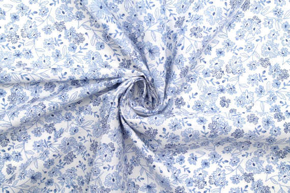 Tissu Popeline Coton Imprimé Fleur Angel Bleu -Au Mètre