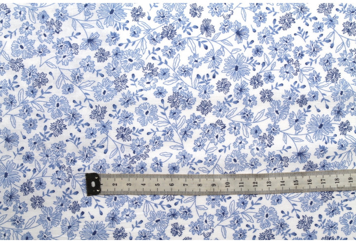 Tissu Popeline Coton Imprimé Fleur Angel Bleu -Au Mètre