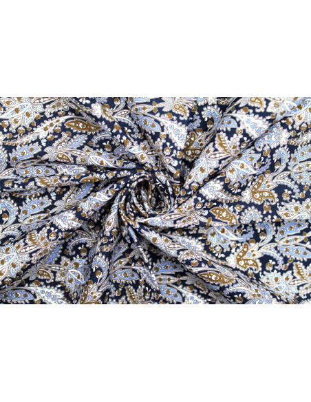 Tissu Popeline Coton Imprimé Fleur Alpinia Marine -Au Mètre