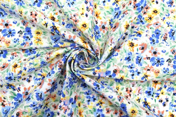 Tissu Popeline Coton Imprimé Fleur Hélène Bleu -Au Mètre