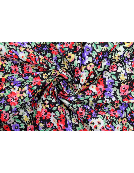 Tissu Popeline Coton Imprimé Fleur Hélène Noir -Au Mètre