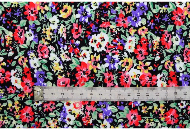 Tissu Popeline Coton Imprimé Fleur Hélène Noir -Au Mètre