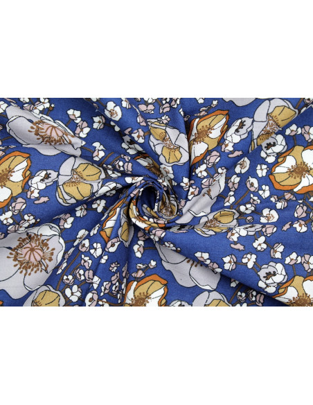 Tissu Popeline Coton Imprimé Fleur Gaby Indigo -Au Mètre