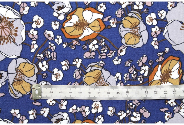 Tissu Popeline Coton Imprimé Fleur Gaby Indigo -Au Mètre