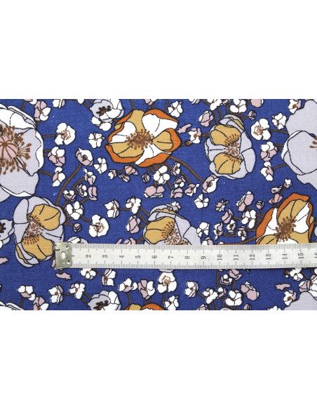 Tissu Popeline Coton Imprimé Fleur Gaby Indigo -Au Mètre