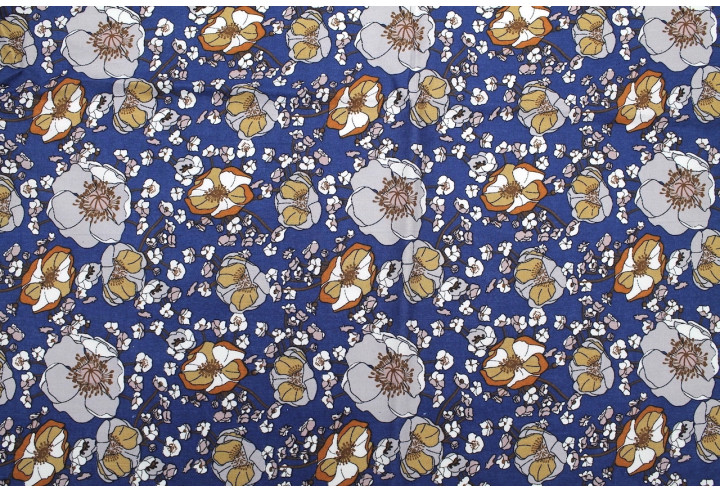 Tissu Popeline Coton Imprimé Fleur Gaby Indigo -Au Mètre
