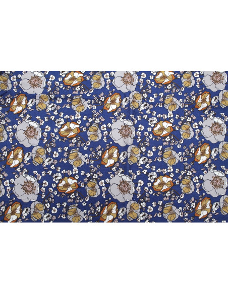 Tissu Popeline Coton Imprimé Fleur Gaby Indigo -Au Mètre