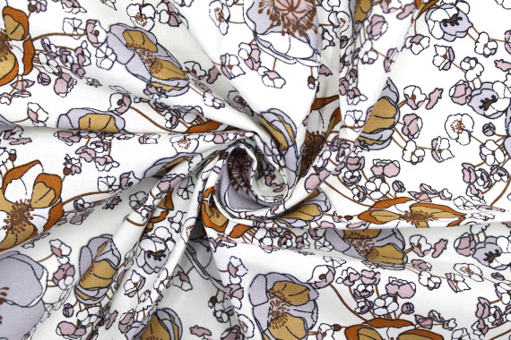Tissu Popeline Coton Imprimé Fleur Gaby Blanc -Au Mètre
