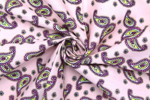 Tissu Popeline Coton Imprimé Double Cachemire Rose -Au Mètre