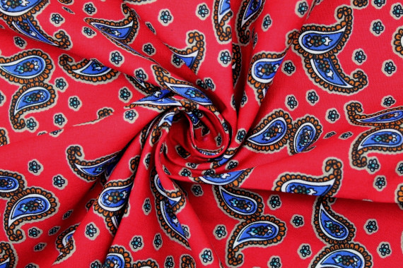 Tissu Popeline Coton Imprimé Double Cachemire Rouge -Au Mètre