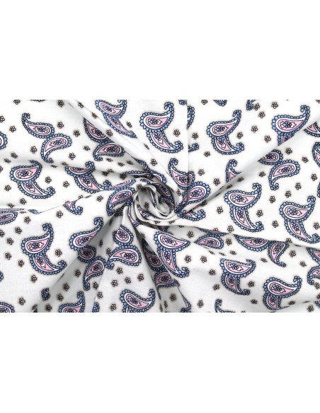 Tissu Popeline Coton Imprimé Double Cachemire Blanc -Au Mètre