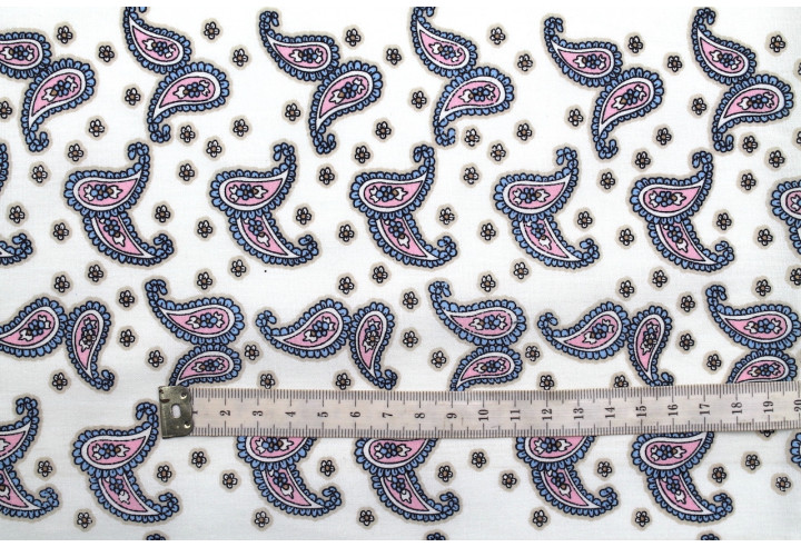 Tissu Popeline Coton Imprimé Double Cachemire Blanc -Au Mètre