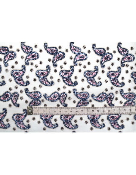 Tissu Popeline Coton Imprimé Double Cachemire Blanc -Au Mètre