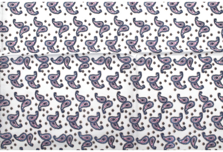 Tissu Popeline Coton Imprimé Double Cachemire Blanc -Au Mètre