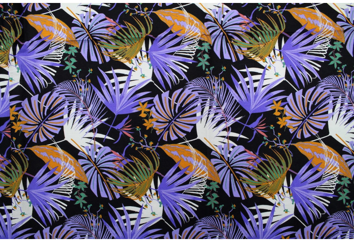 Tissu Popeline Coton Imprimé Fleur Héliconia Noir/Violet -Au Mètre