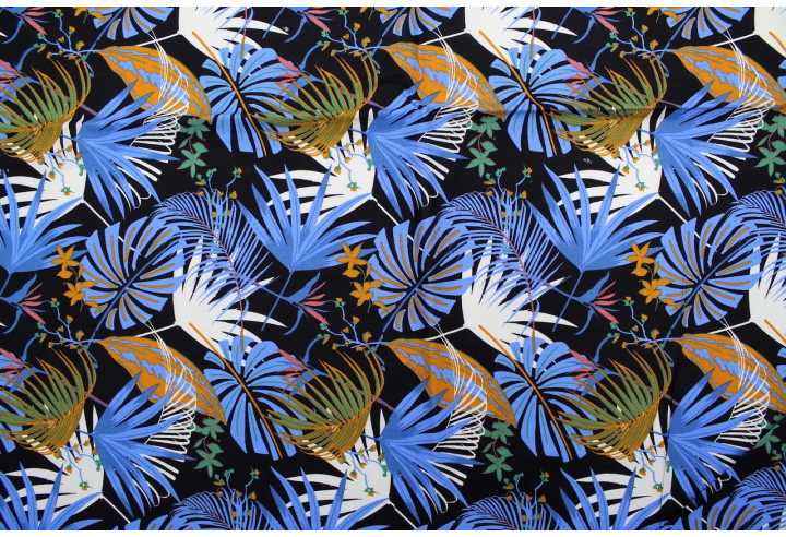 Tissu Popeline Coton Imprimé Fleur Héliconia Noir/Bleu -Au Mètre