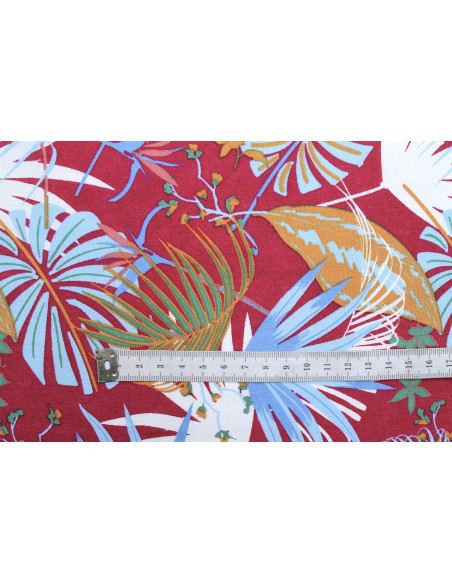 Tissu Popeline Coton Imprimé Fleur Héliconia Bordeaux -Au Mètre