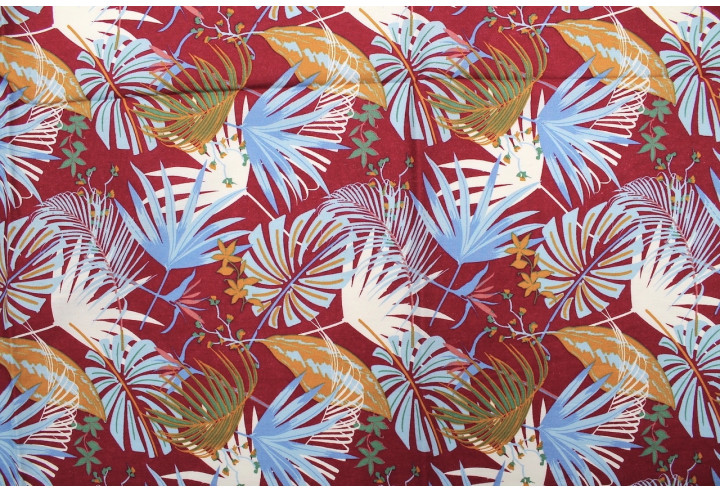 Tissu Popeline Coton Imprimé Fleur Héliconia Bordeaux -Au Mètre