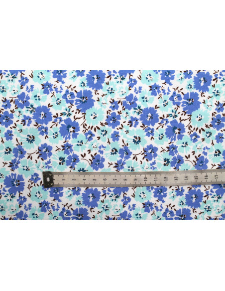 Tissu Popeline Coton Imprimé Fleur Hoya Bleu -Au Mètre