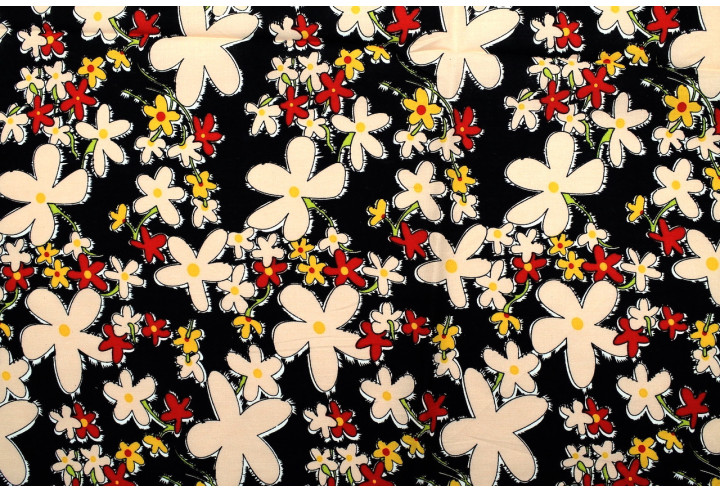 Tissu Popeline Coton Imprimé Fleur Tiara Noir -Au Mètre