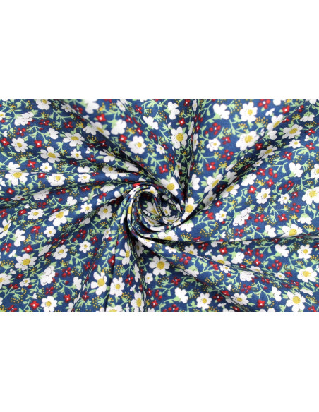 Tissu Popeline Coton Imprimé Fleur Mady Marine -Au Mètre