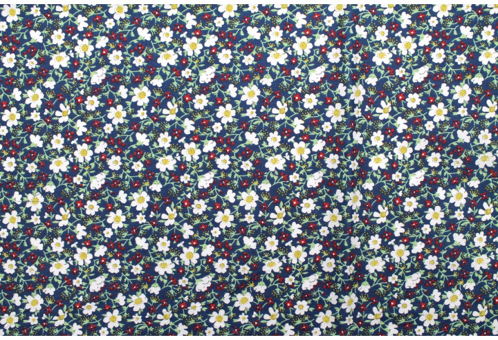 Tissu Popeline Coton Imprimé Fleur Mady Marine -Au Mètre