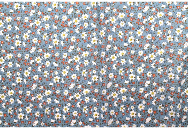 Tissu Popeline Coton Imprimé Fleur Mady Bleu -Au Mètre
