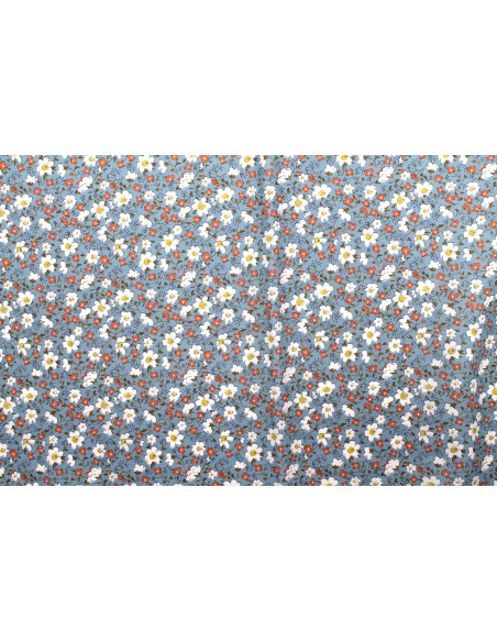 Tissu Popeline Coton Imprimé Fleur Mady Bleu -Au Mètre
