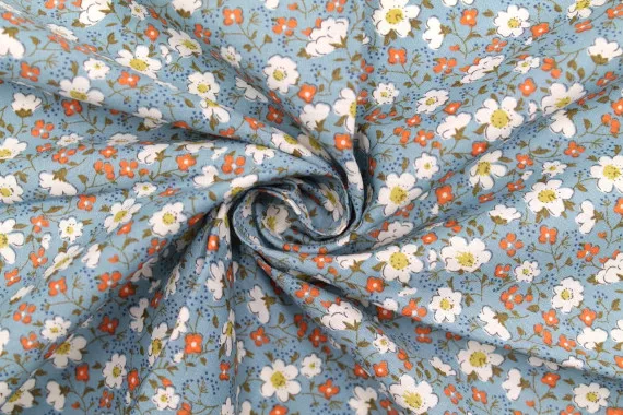 Tissu Popeline Coton Imprimé Fleur Mady Bleu -Au Mètre