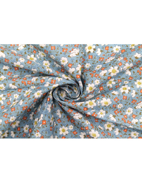 Tissu Popeline Coton Imprimé Fleur Mady Bleu -Au Mètre