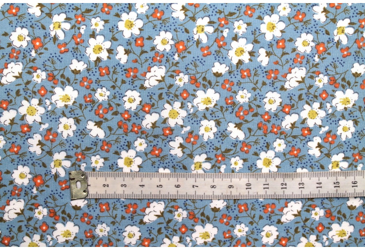 Tissu Popeline Coton Imprimé Fleur Mady Bleu -Au Mètre