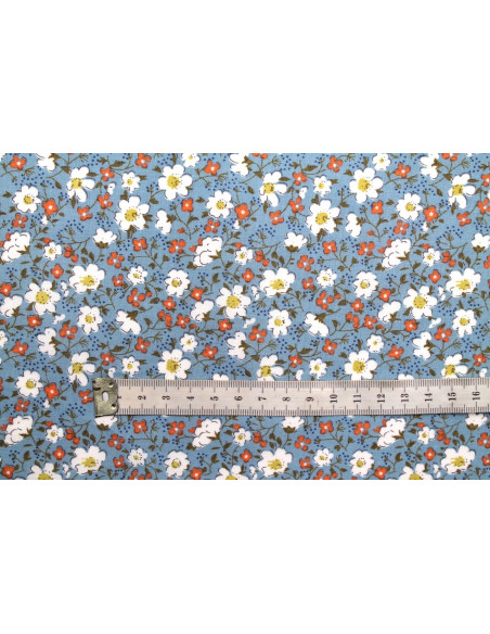Tissu Popeline Coton Imprimé Fleur Mady Bleu -Au Mètre