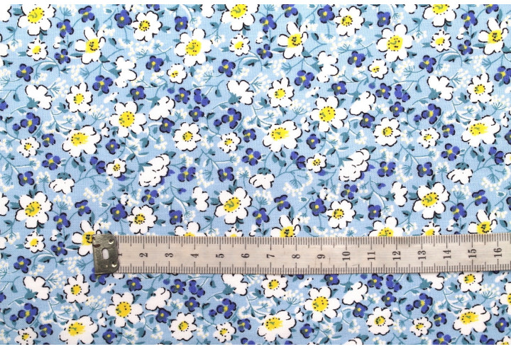 Tissu Popeline Coton Imprimé Fleur Mady Ciel -Au Mètre