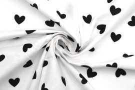 Tissu Popeline Coton Imprimé Fond Blanc Cœur Noir -Au Mètre