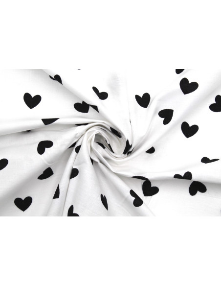 Tissu Popeline Coton Imprimé Fond Blanc Cœur Noir -Au Mètre