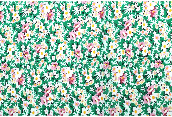 Tissu Popeline Coton Imprimé Fleur Coréo Vert -Au Mètre