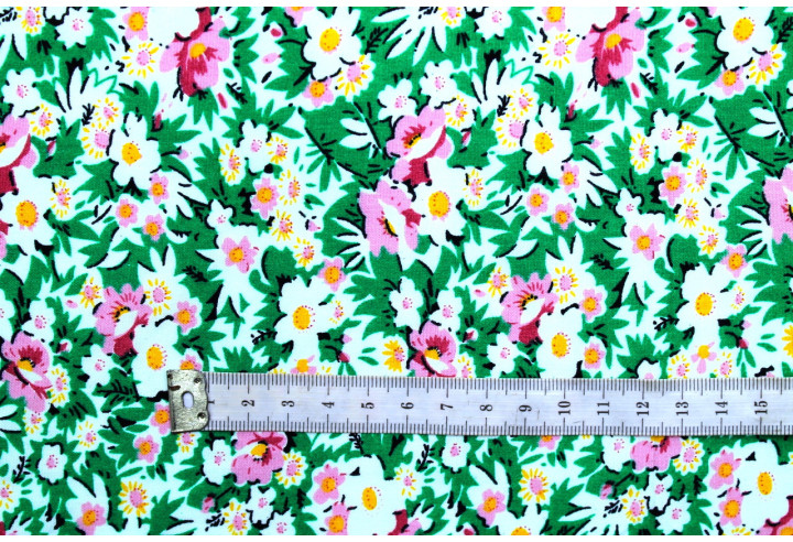 Tissu Popeline Coton Imprimé Fleur Coréo Vert -Au Mètre