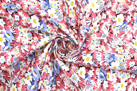 Tissu Popeline Coton Imprimé Fleur Coréo Rose -Au Mètre