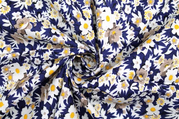Tissu Popeline Coton Imprimé Fleur Coréo Marine -Au Mètre