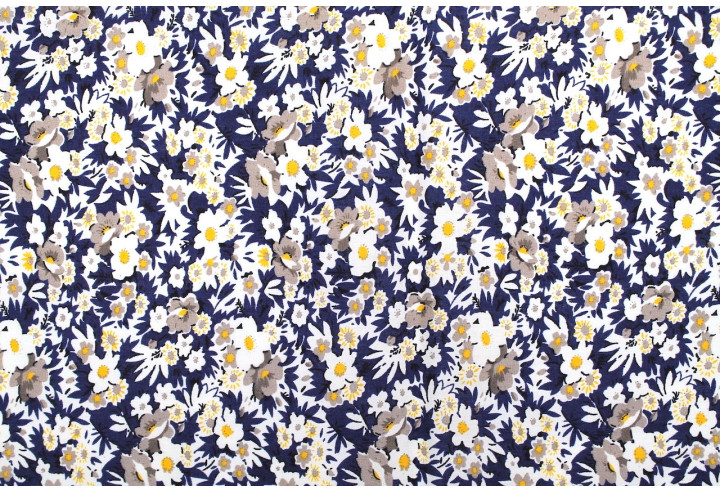 Tissu Popeline Coton Imprimé Fleur Coréo Marine -Au Mètre