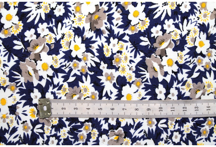 Tissu Popeline Coton Imprimé Fleur Coréo Marine -Au Mètre