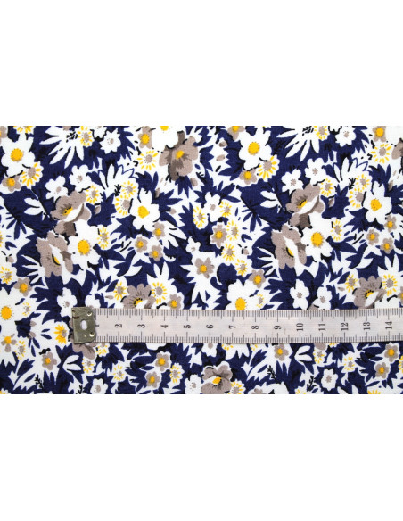Tissu Popeline Coton Imprimé Fleur Coréo Marine -Au Mètre
